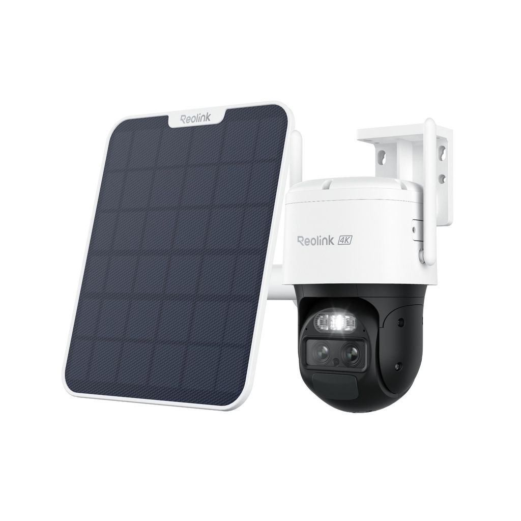 A white background with a security camera and solar panel.