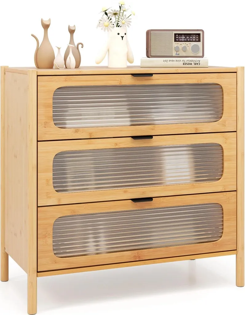 Buffet bas 3 tiroirs en bambou marron design vintage milieu du siècle