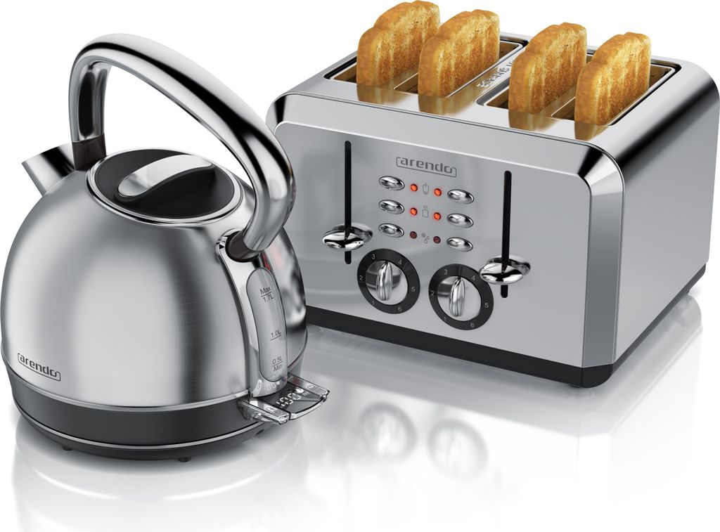Arendo Frühstücks-Set Edelstahl, Wasserkocher mit Temperatureinstellung 1,7l, Toaster 4 Scheiben Kurzschlitz, Retro Wasserkocher, Vintage Toaster...