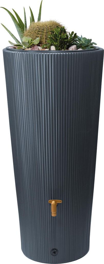 4rain Regenspeicher Vaso Decor, Regentonne inkl. Pflanzschale / Entnahmeset / Filtermatte, Höhe 120 cm, Ø 58 cm, Kunststoff, grau