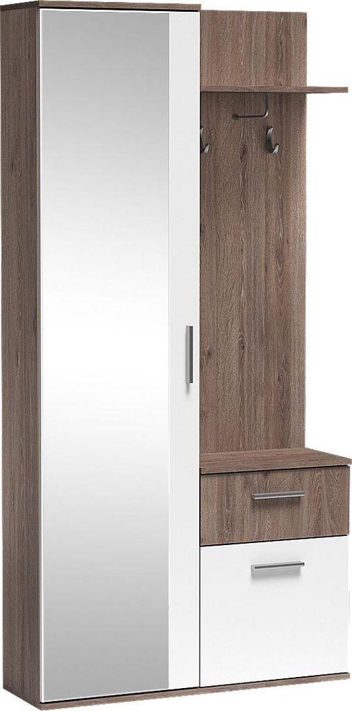 Garderoben-Set 97 cm mit Spiegel & Stauraum – Mit Haken, Schublade & Ablagen – Flurgarderobe für Diele, Flur, Eingang – Trüffel Eiche/Weiß...