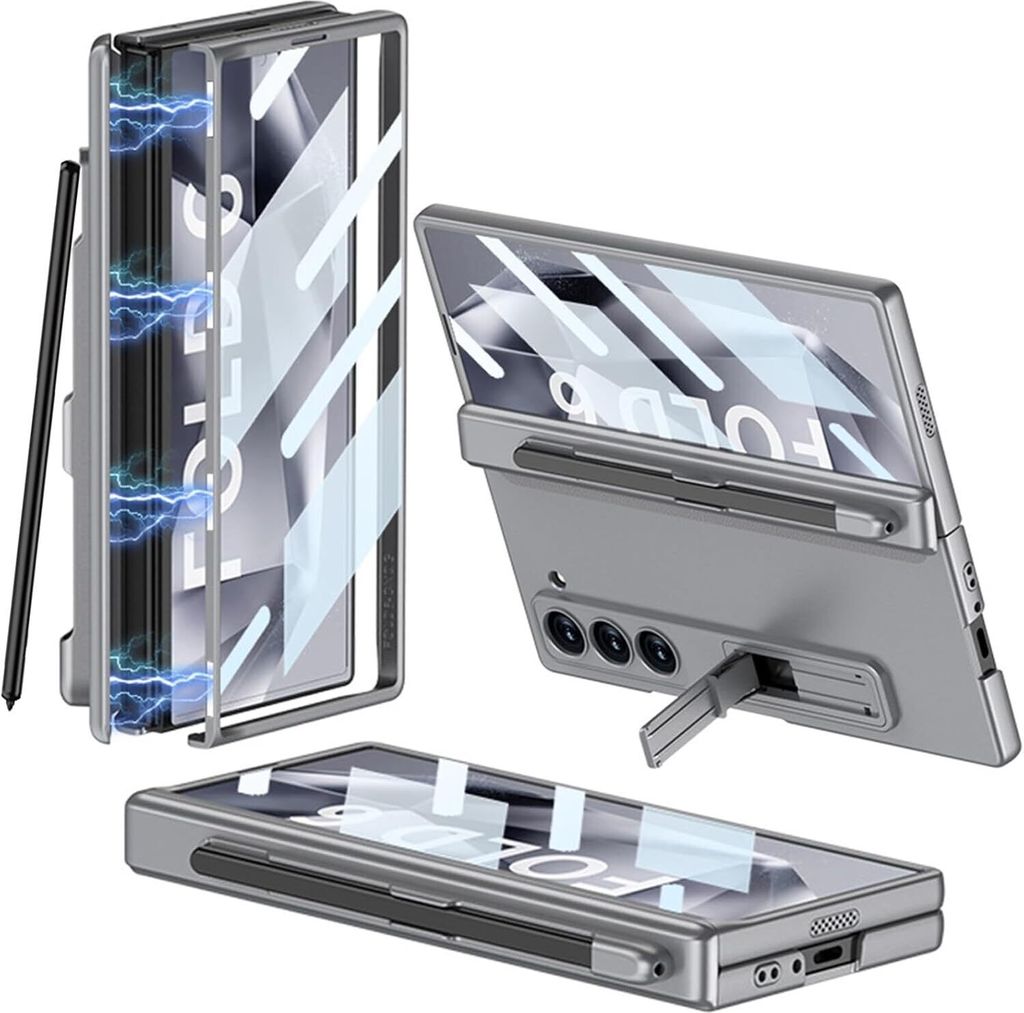 Hülle für Samsung Galaxy Z Fold 6 mit Bildschirmschutz und Stiftschlitz Magnetische Scharnierschutz Ständer Schutzhülle Grau