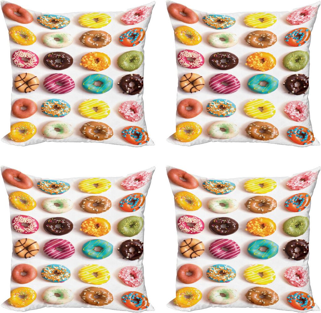 ABAKUHAUS Dessert Kissenbezug Set (4 Stück), Leckere bunte Donuts, Moderner Doppelseitiger Digitaldruck, 40 cm x 40 cm, Mehrfarbig