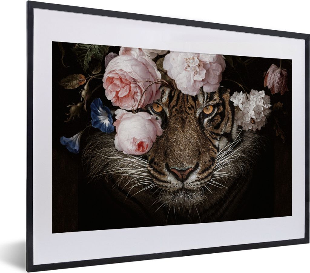 MuchoWow Gerahmtes Poster Tiger - Blumen - Porträt 40x30 cm - Poster mit Schwarzem Bilderrahmen Wandposter Rahmen Foto Bilder - Bilderrahmen - P...