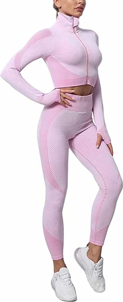 ASKSA Damen Yoga Sportanzüge Langarm Crop Top + Leggings 2 Stücke Bekleidungs Sets Jogginganzug, Rosa&Violett, M