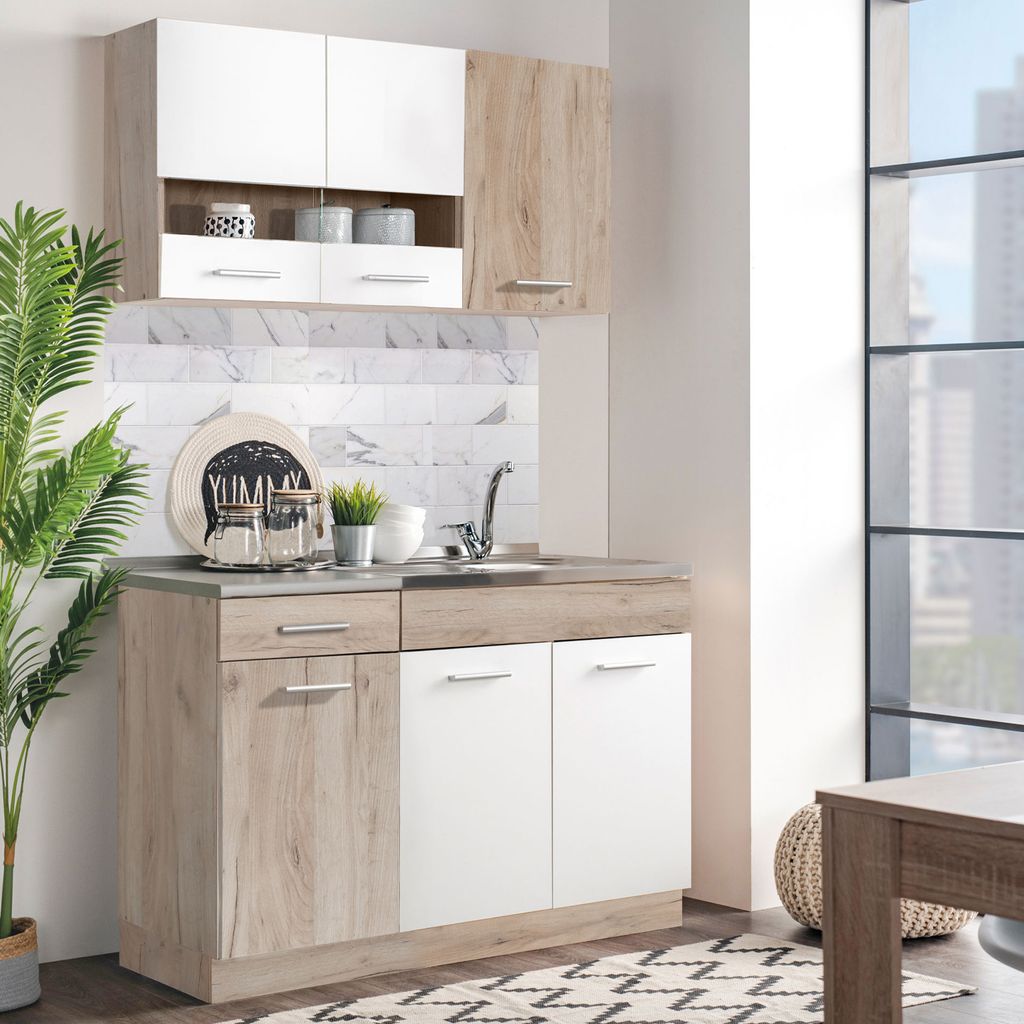 Homestyle4u Küche Küchenzeile Küchenblock Eiche Holz Weiß Produktbild 