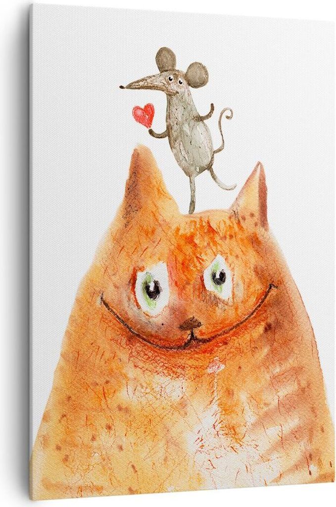 Bild auf Leinwand - Leinwandbild - Einteilig - Katze Maus Kinder - 70x100cm - Wand Bild - Wanddeko - Wandbilder - Leinwanddruck - Wanddekoration - ...