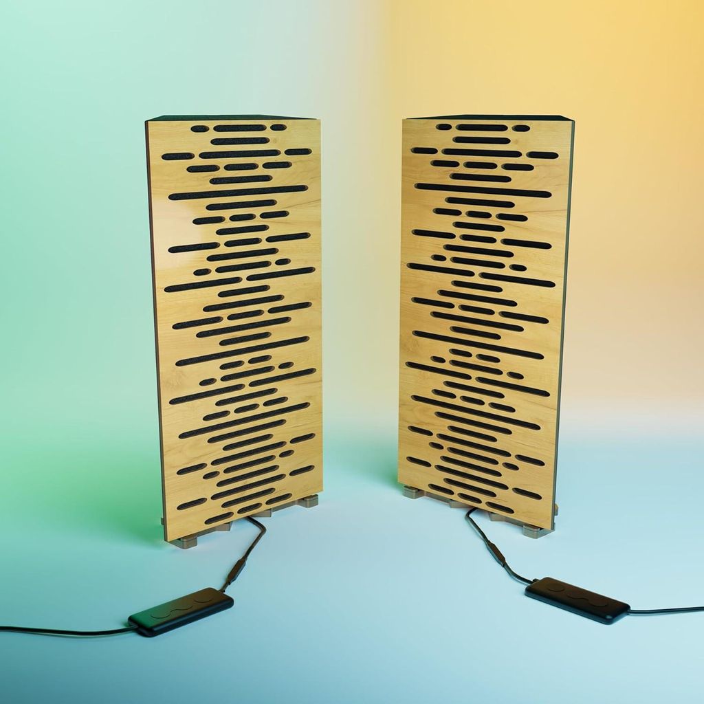 2er-Pack schmale Bassfallen "WAVE-mini" mit RGB-Schreibtischlampe | Mobiler Ständer mit LED-Tischfuß |23x50x10 cm |Farbe: Eiche
