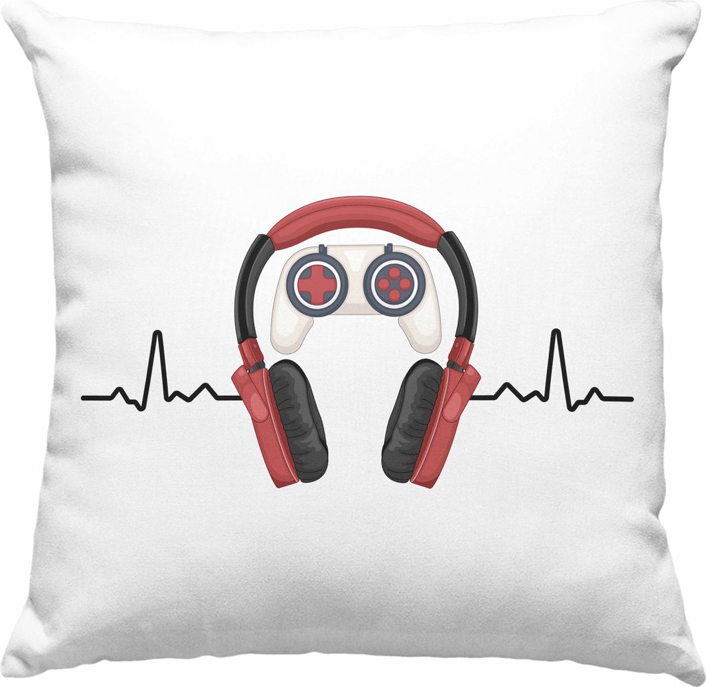 Trendation - Gamer Deko-Kissen mit Füllung 40x40 Geschenk Herzschlag Zocker Geschenkidee Jungs Jungen Mitbringsel (Blau)