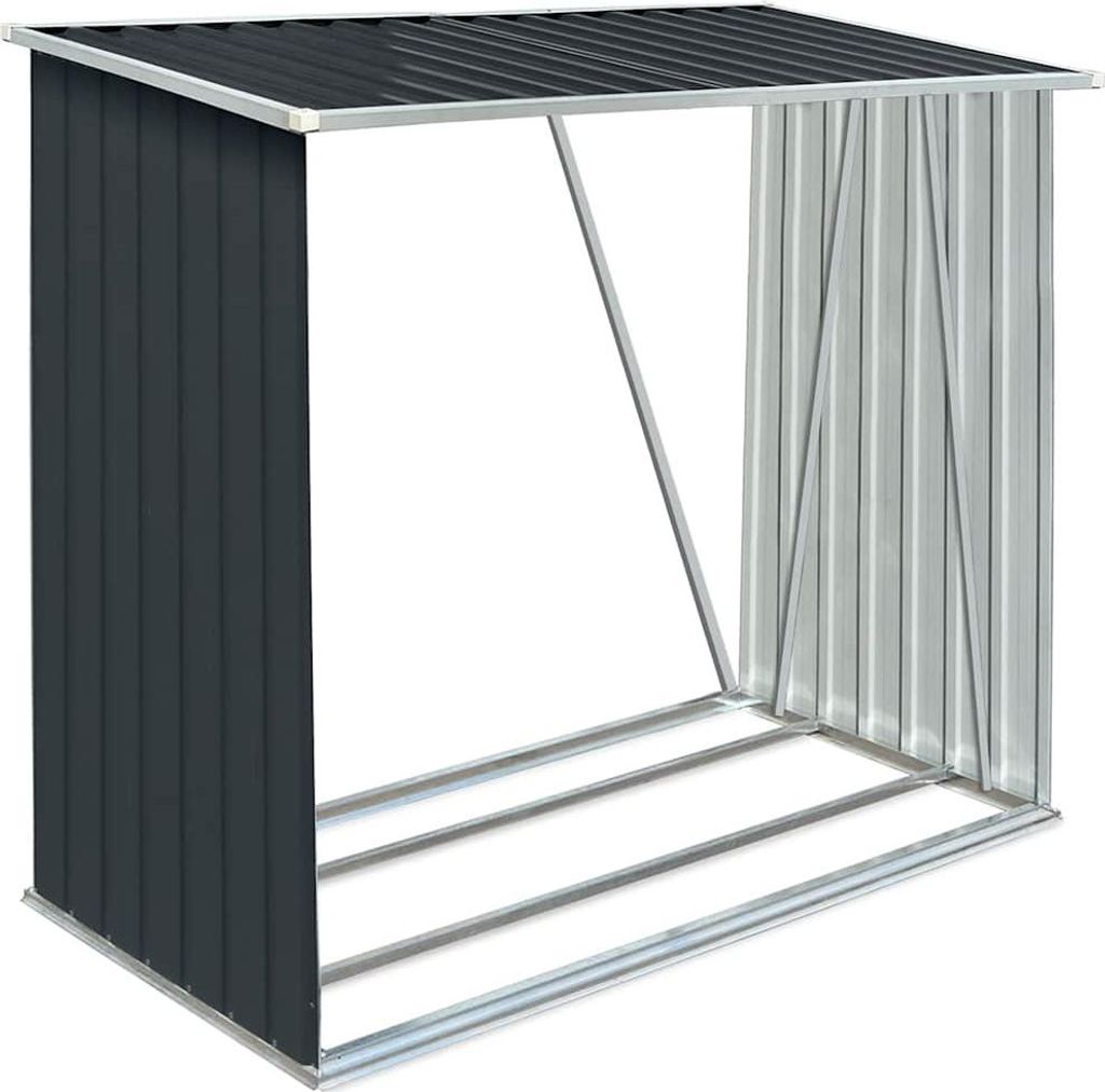 A metal firewood storage shed with a dark gray side panel and a silver corrugated metal back and roof.