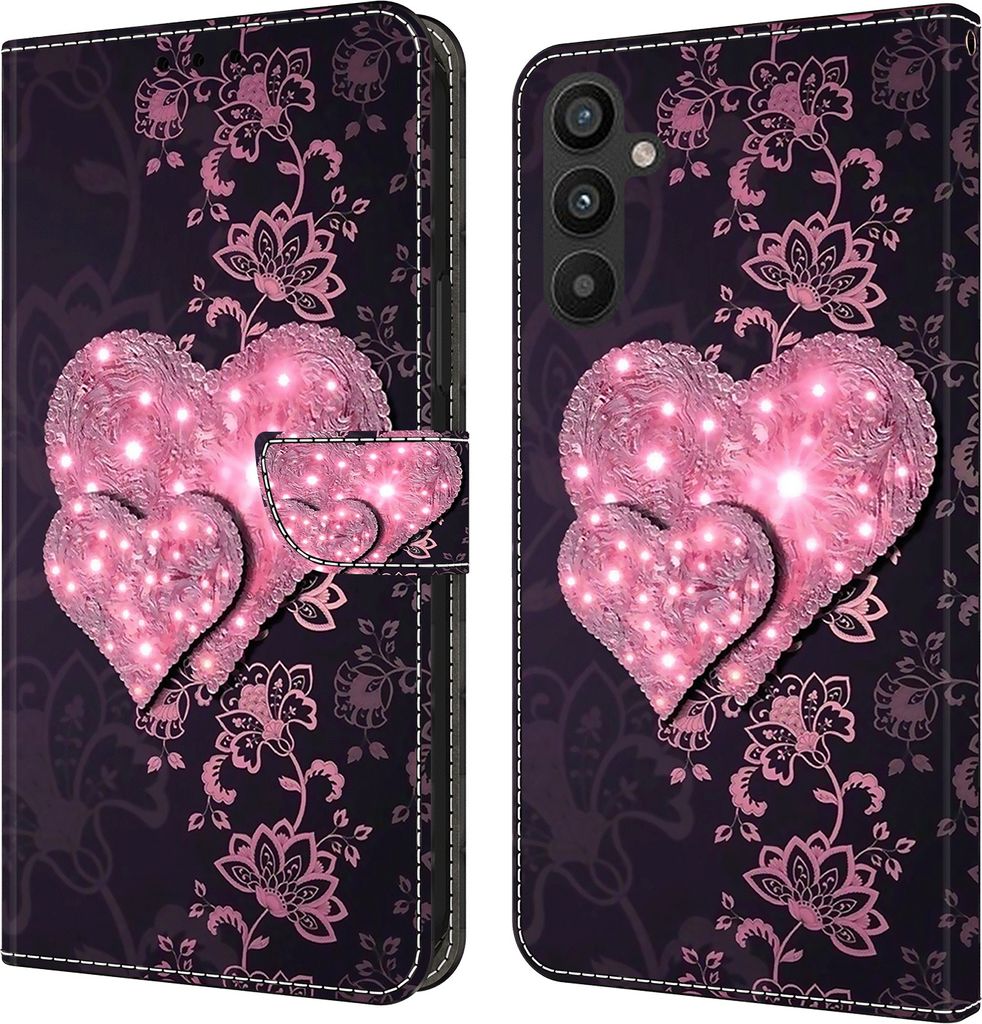 CLM-Tech Hülle kompatibel mit Samsung Galaxy A54 5G - Tasche aus Kunstleder - Klapphülle mit Ständer und Kartenfächern, schwarz - rosa Herzen