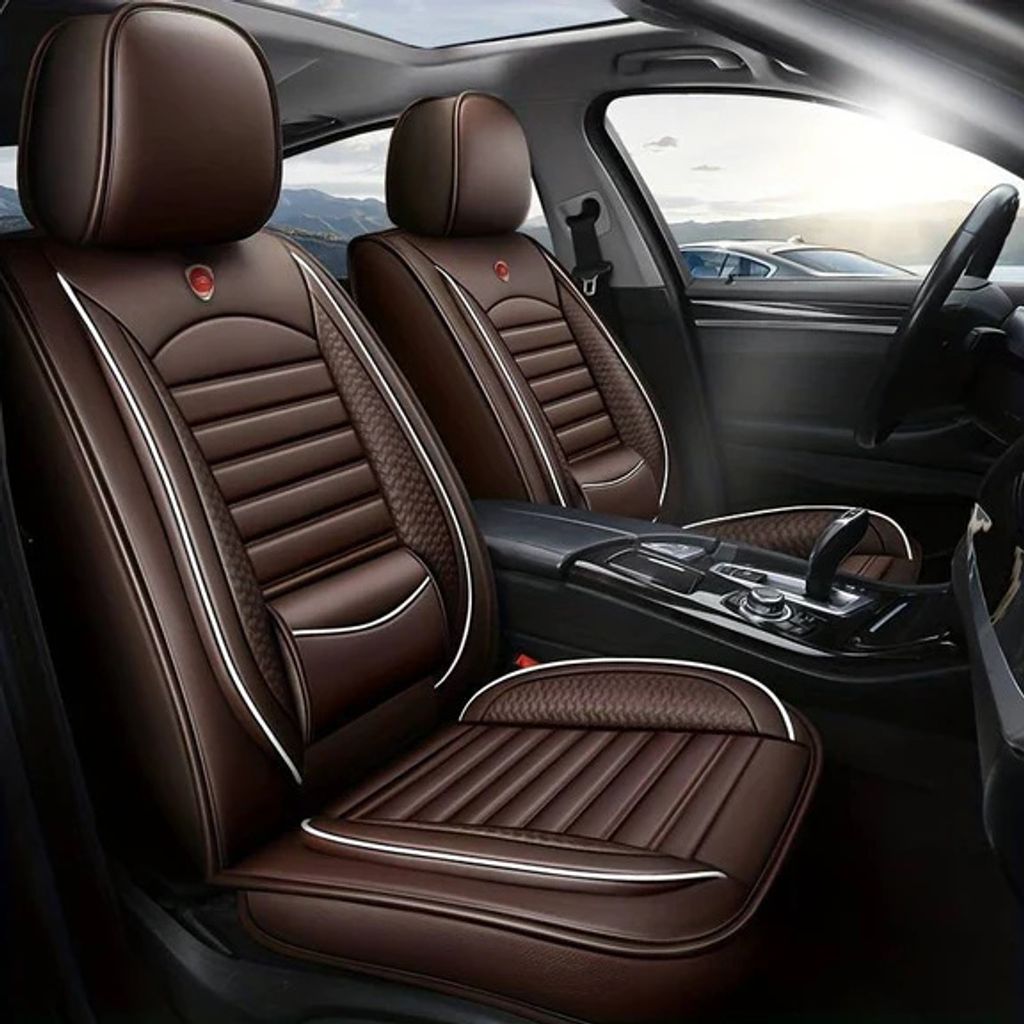 Autositzbezüge Universal Set,Aus Premium Leder + Einzigartigem Design 5-Sitzer Sitzbezüge (Kaffee/Standard Version)