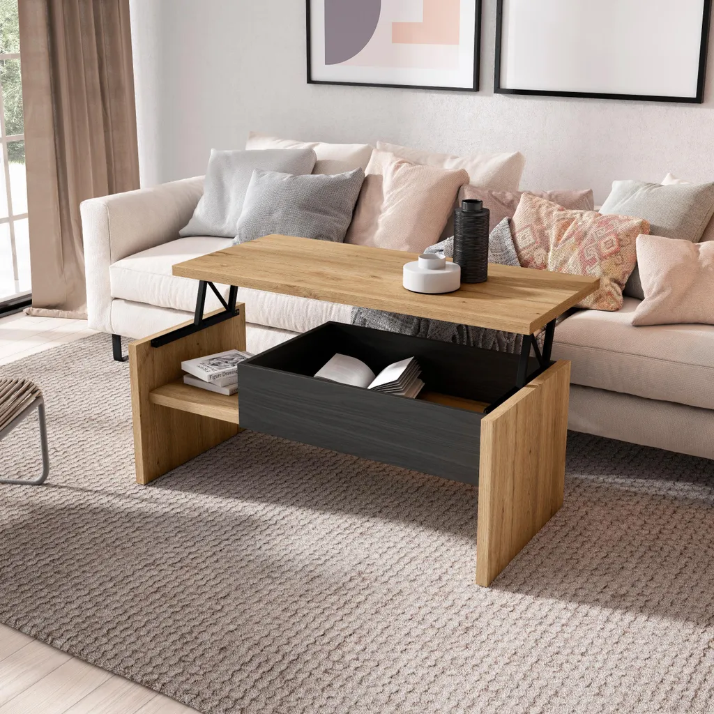 Table Basse Relevable avec Rangement Intégré Chêne et Noir 110 cm - 2