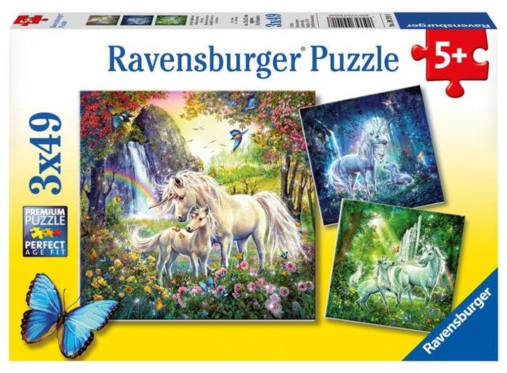 Puzzle, 3 x 49 Teile, Les licornes, 21 x 21 cm, Ab 5 Jahren