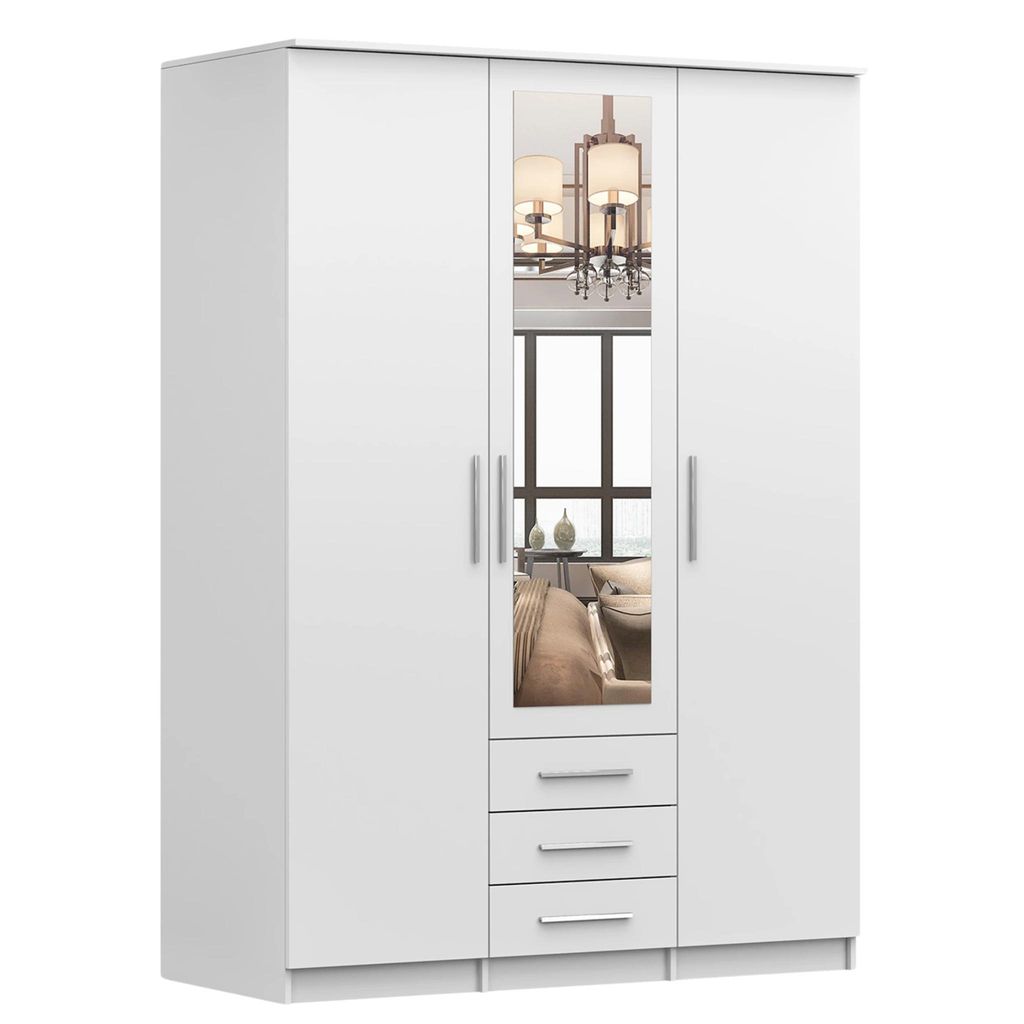 A white wardrobe with mirrored doors and drawers.