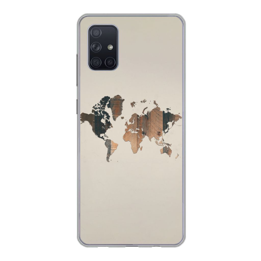 MuchoWow Handyhülle Schutzhülle Hülle für Samsung Galaxy A71 Weltkarte -Holz - Regal Silikon Softcase Handy Hülle - Kartenbesitzer