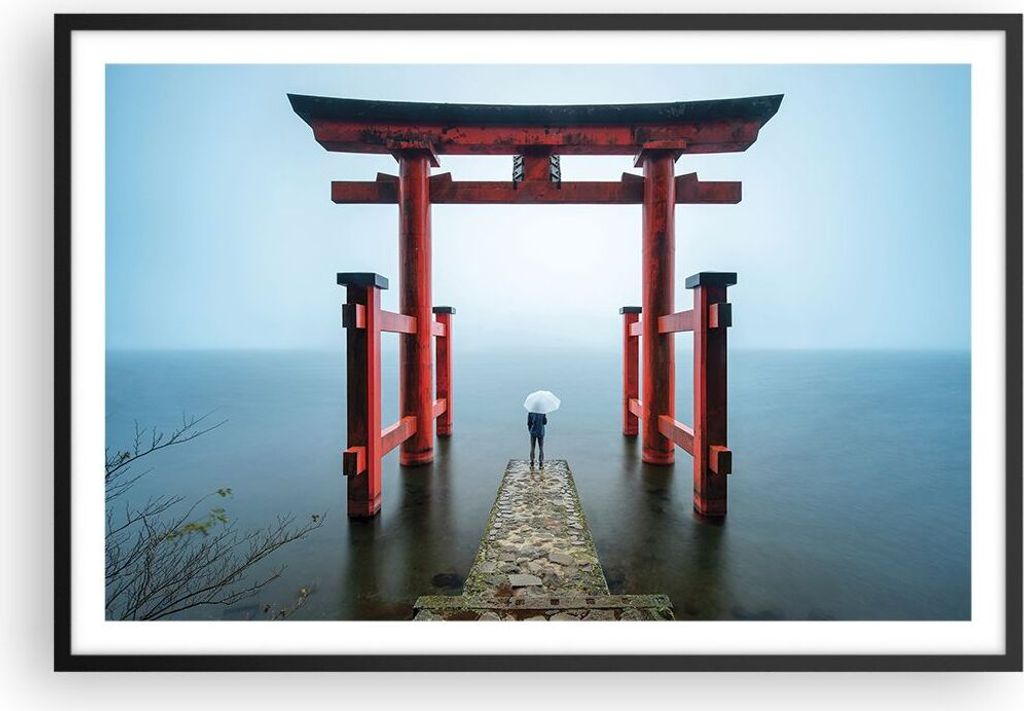 Gerahmtes Poster - Schwarzer Rahmen - Itsukushima-Jinja Tempel Regenschirm - 91,5x61 cm - Wand Bild - Wanddeko - Wandbilder - Wandposter - Bilderra...