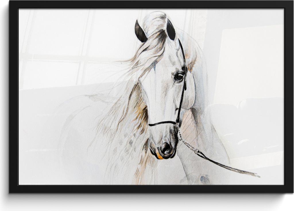 MuchoWow MuchoWow Gerahmtes Poster Pferd - Aquarell - Tiere - Weiß 60x40 cm - Poster mit zchwarzem Bilderrahmen - Printing - Wanddeko Schlafzi...