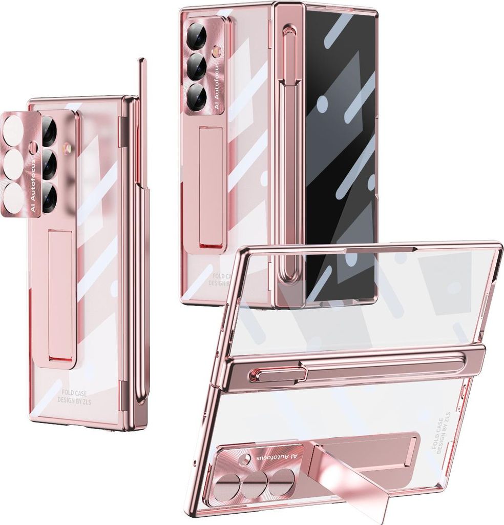 Hülle für Samsung Galaxy Z Fold 7 Magnetscharnier, Ständer, Stifthalter, Schutzhülle mit Linsenfolie, Bildschirmfolie Pink
