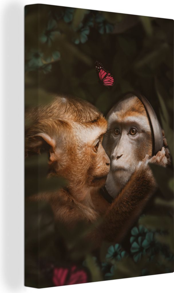 OneMillionCanvasses - Leinwandbilder - 90x140 cm, Affe - Dschungel - Spiegel - Schmetterling, Wandbilder Kunstdruck Wanddekoration - Wandschmucke...