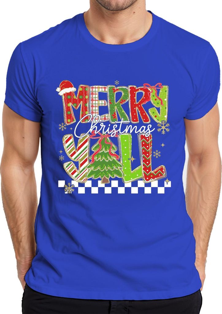 Merry Christmas Y'all Weihnachten Tannenbaum gestreift Glitzer Herren T-Shirt, Blau, 3XL