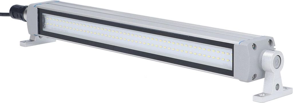 A silver LED light bar with black trim and mounting brackets, shown against a white background.