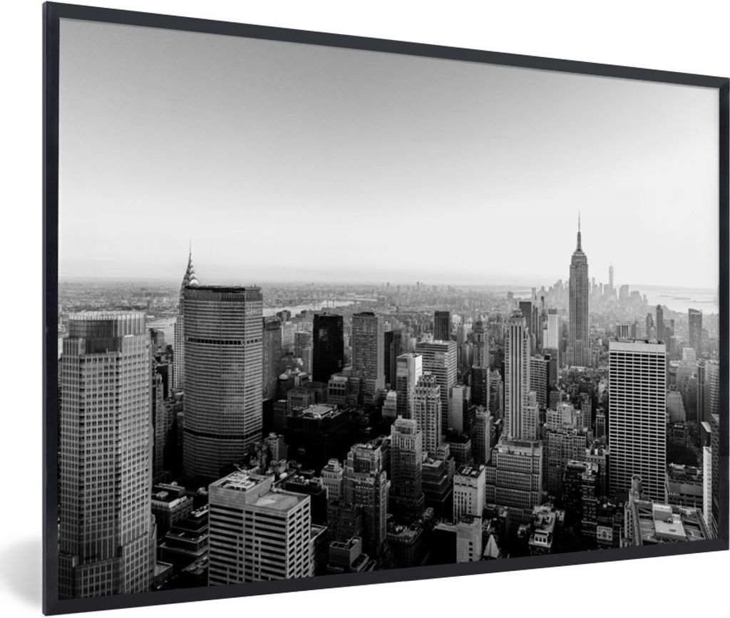 MuchoWow Gerahmtes Poster Sonnenaufgang an der Skyline von New York - schwarz und weiß 30x20 cm - Poster mit Schwarzem Bilderrahmen Wandposter R...