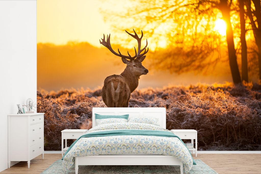 MuchoWow Fototapete für Wohnzimmer oder Schlafzimmer Wandtapete Vinyl Motivtapete Hirsche - Winter - Sonnenuntergang - 525x350 cm - Das Hintergr...