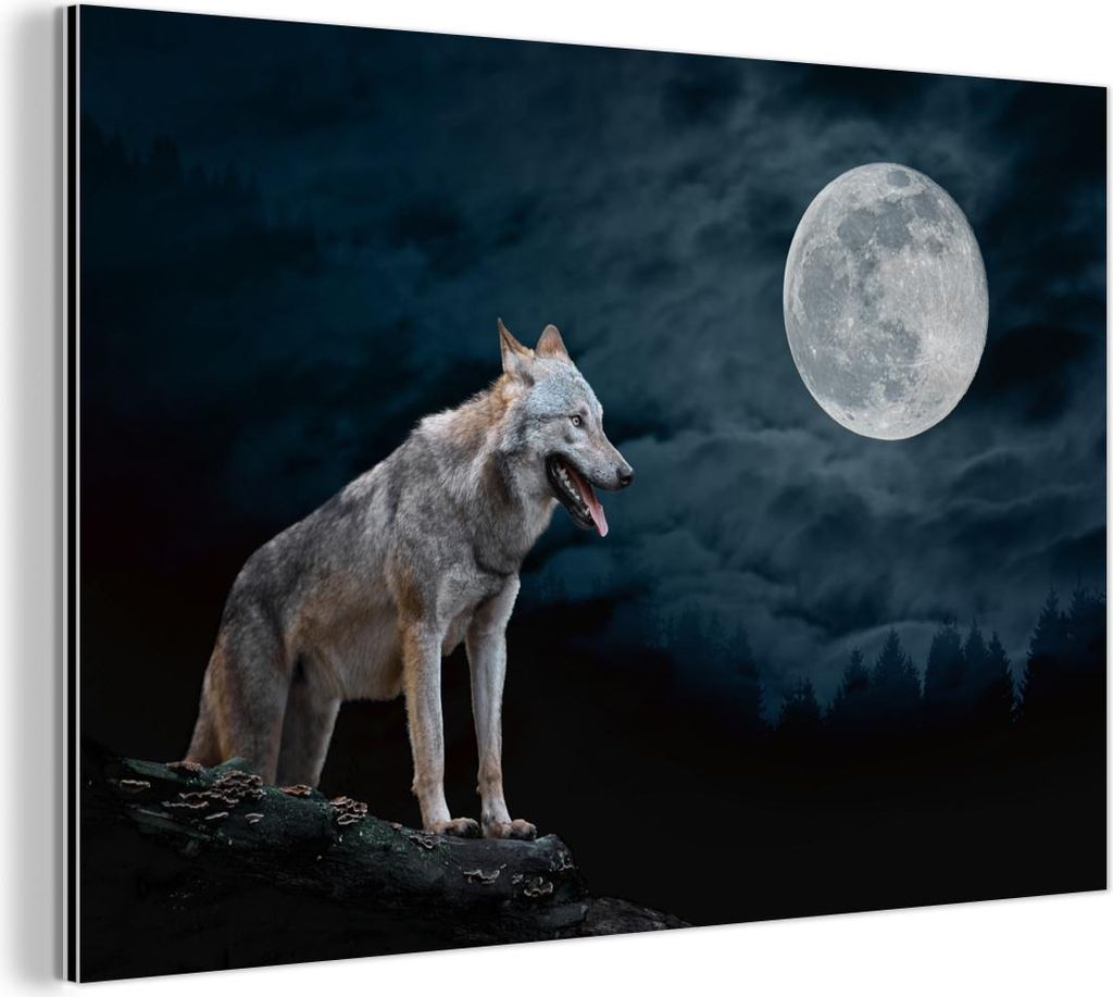 MuchoWow Wanddekoration Metall Metallbild Wandkunst 60x40 cm Wolf - Mond - Nacht - Tiere - Porträt MuchoWow Aluminium Gemälde - Gemälder