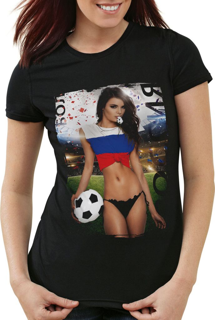 style3 EM 2021 2022 Soccer Girl Deutschland Damen T-Shirt Fußball Trikot Germany Schwarz, Größe:M, Land:Russland