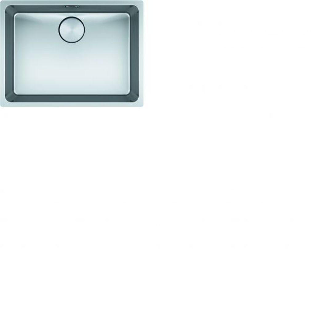 A top-down view of a stainless steel sink with a dark gray rim.