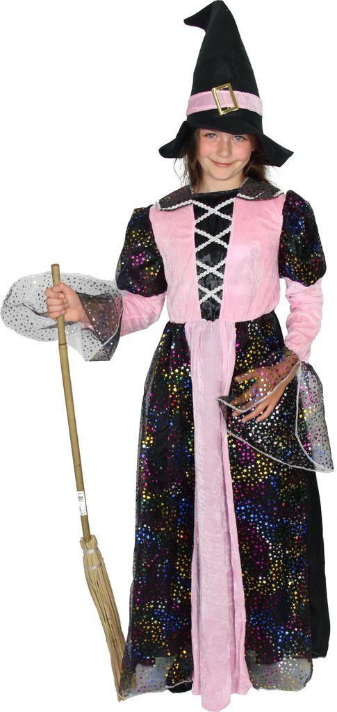 Edeles Hexenkleid Mädchen Kostüm mit viel Glitzer und Hut Gr. 110-152, Größe:110/116