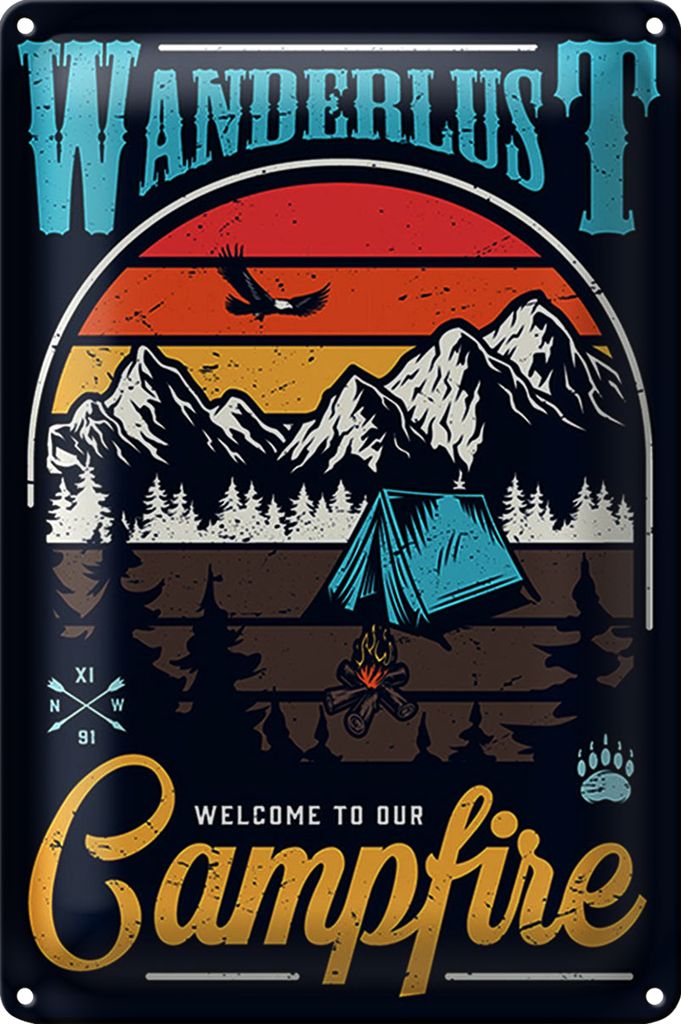 Blechschild Camping 40x30cm Wanderlus Campfire Outdoor