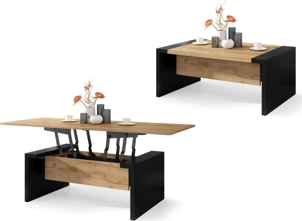 All4All Couchtisch Carlo , Kaffeetisch , Wohnzimmertisch , Sofatisch , ausklappbar , höhenverstellbar , 110x70cm , 05 , Gold Eiche + Schwarz