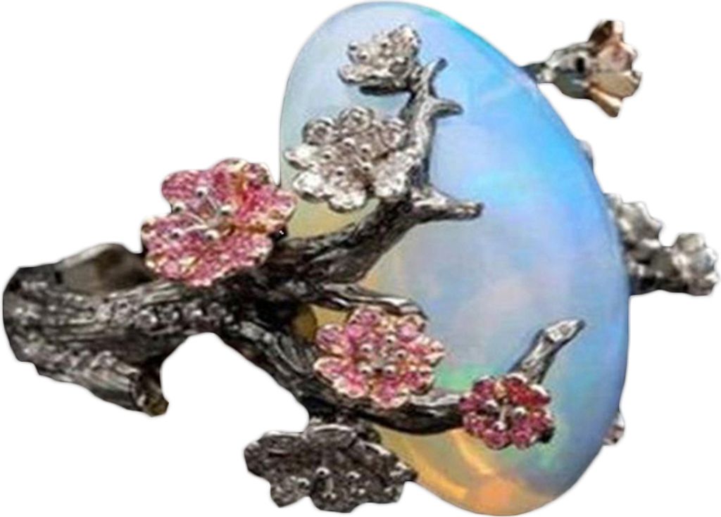 Vintage Damen Fingerring mit Faux-Opal-Pflaumenblüten-Blume, zweifarbig, Schmuck, Geschenk-US 11
