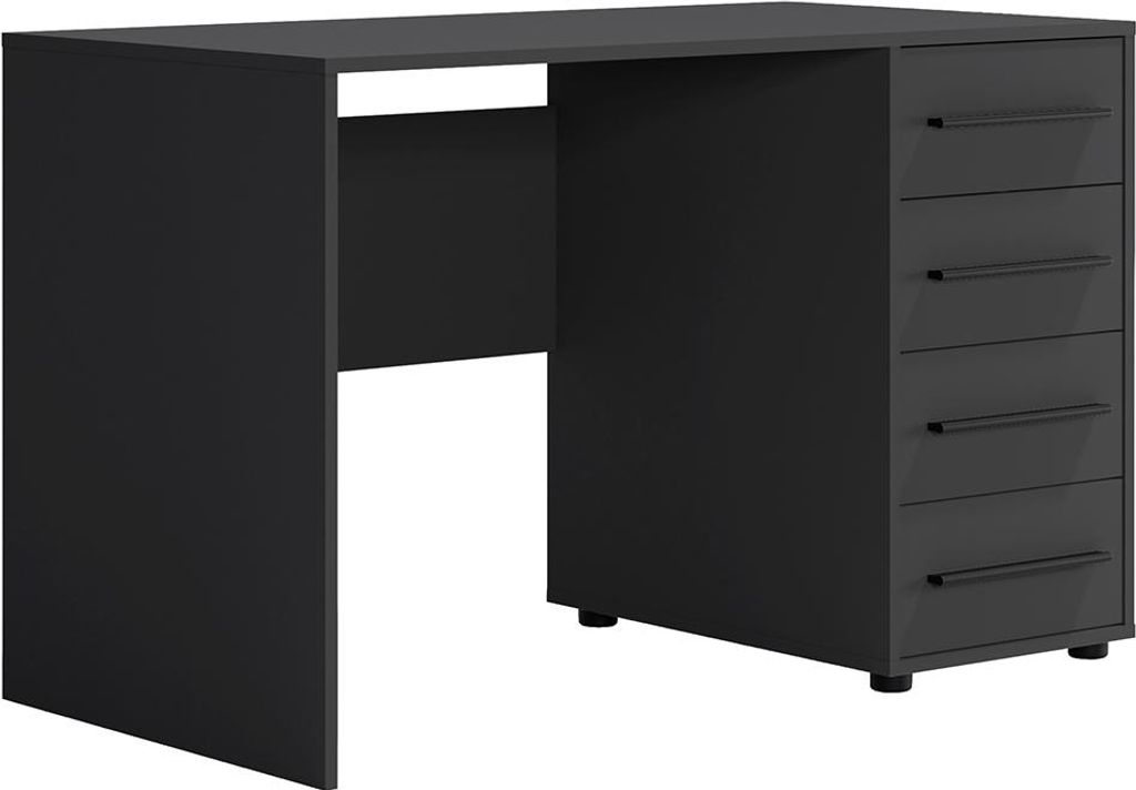 A black desk with drawers on a white background.