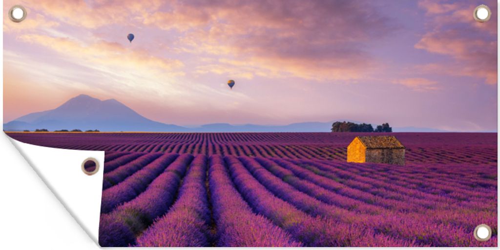 MuchoWow 60x30 cm Outdoor-Poster Gartendeko Sichtschutz Garten Poster für den Garten Lavendel - Heißluftballon - Berg - Lila