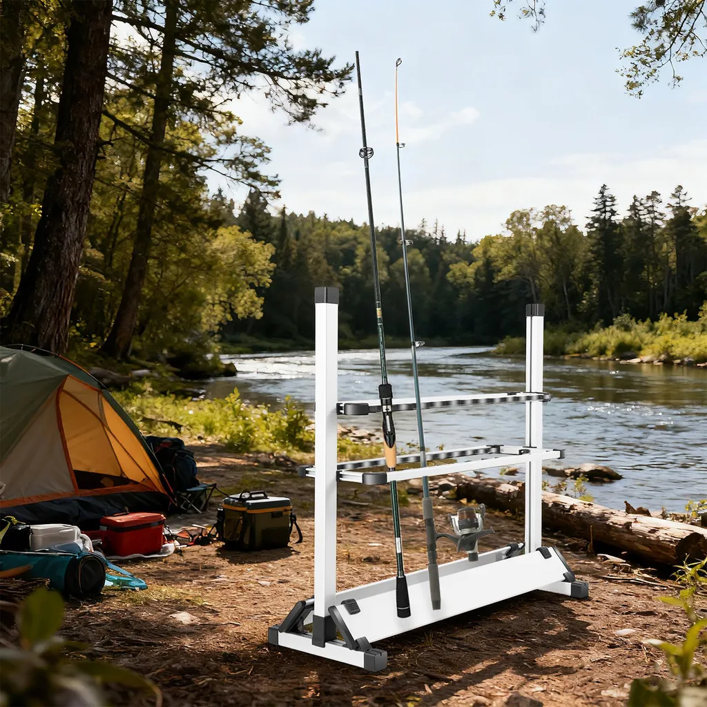 Support à Cannes à Pêche Vertical – 24 Cannes – Aluminium – Portable – Réglable En Hauteur – Pour Intérieur, Garage, Bateau
