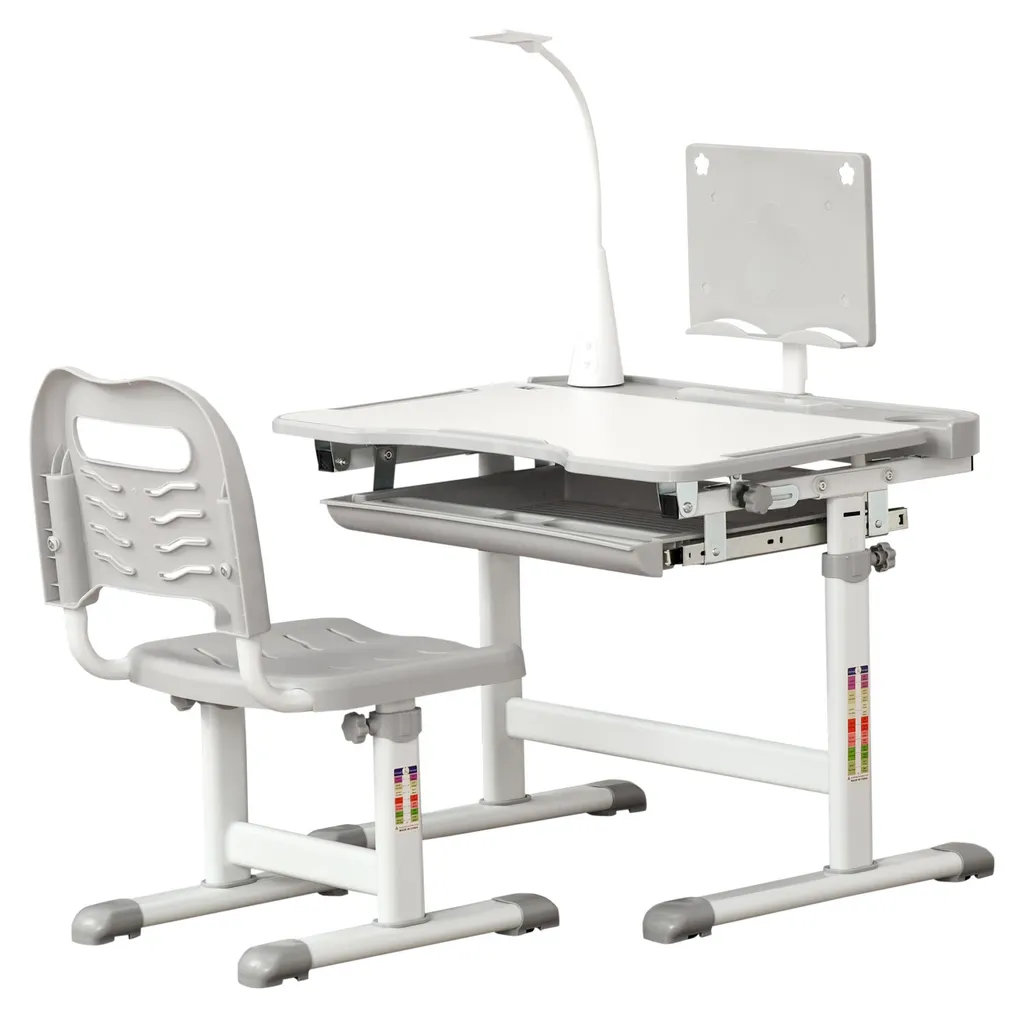 Bureau Enfant Inclinable avec Lampe LED et Support Lecture - Gris Hauteur