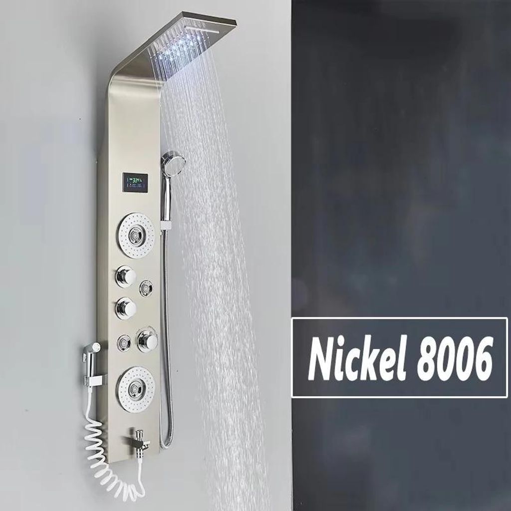 Duschpaneel - 8006 - 304 Edelstahl - Gebürstet - Regen- & Wasserfalldusche - Wasserbetriebene LED - 3-Griff, Warm/Kalt - Gelb