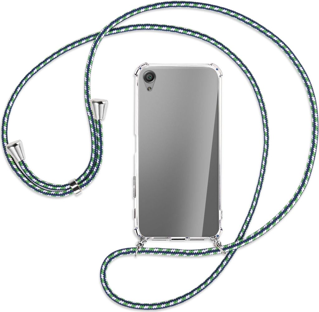 Handykette Backcover-Schutzhülle mit Band (Metall silberfarben) für Sony Xperia X - grün/blau/weiß