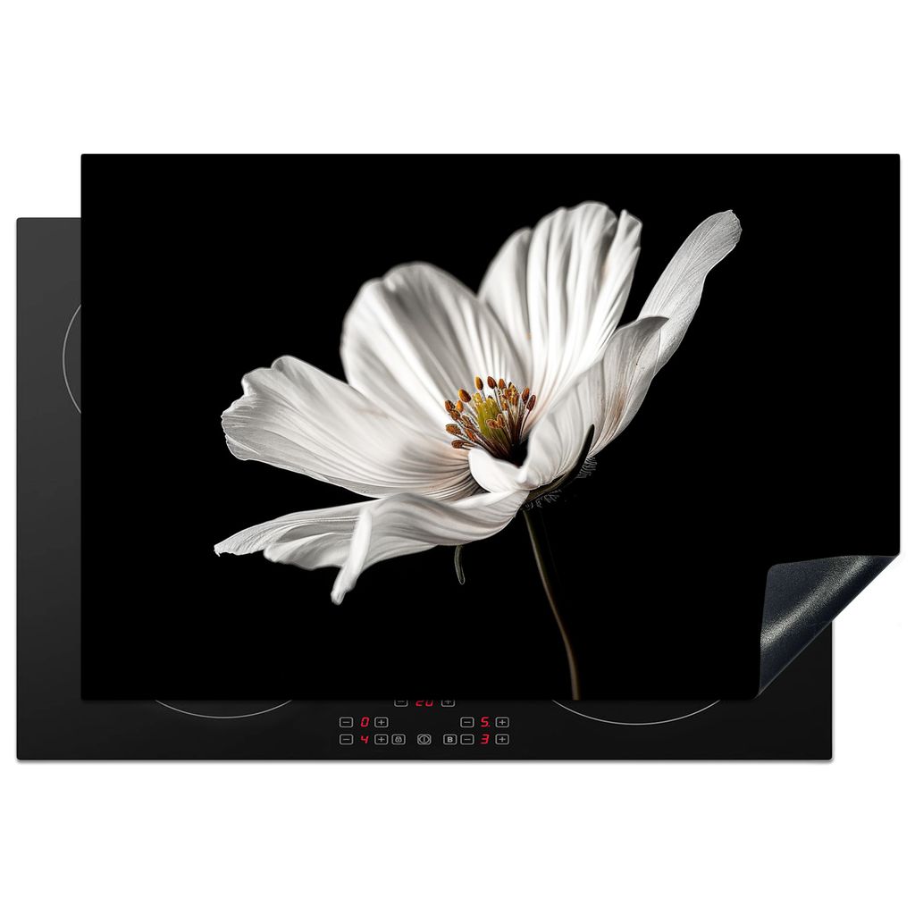 KitchenYeah Herdabdeckplatte Schwarz - Weiß - Blumen , 78x52cm, Küche Deko, Glaskeramikkochfeld Herdabdeckung, Abdeckplatte fùr Kochfeld