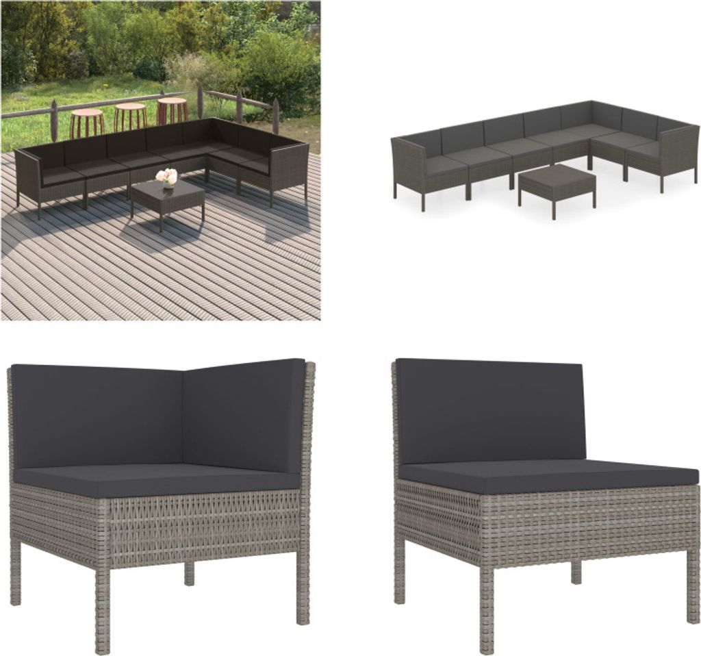 vidaXL 8 tlg. Garten Lounge Set mit Auflagen Poly Rattan Grau - Garten-Sofagarnitur - Garten-Sofagarnituren - Gartensofa-Set - Gartensofa-Sets