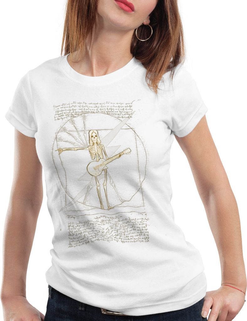 style3 DaVinci Rock Damen T-Shirt musik festival vitruvianischer mensch, Farbe:Weiß, Größe:S