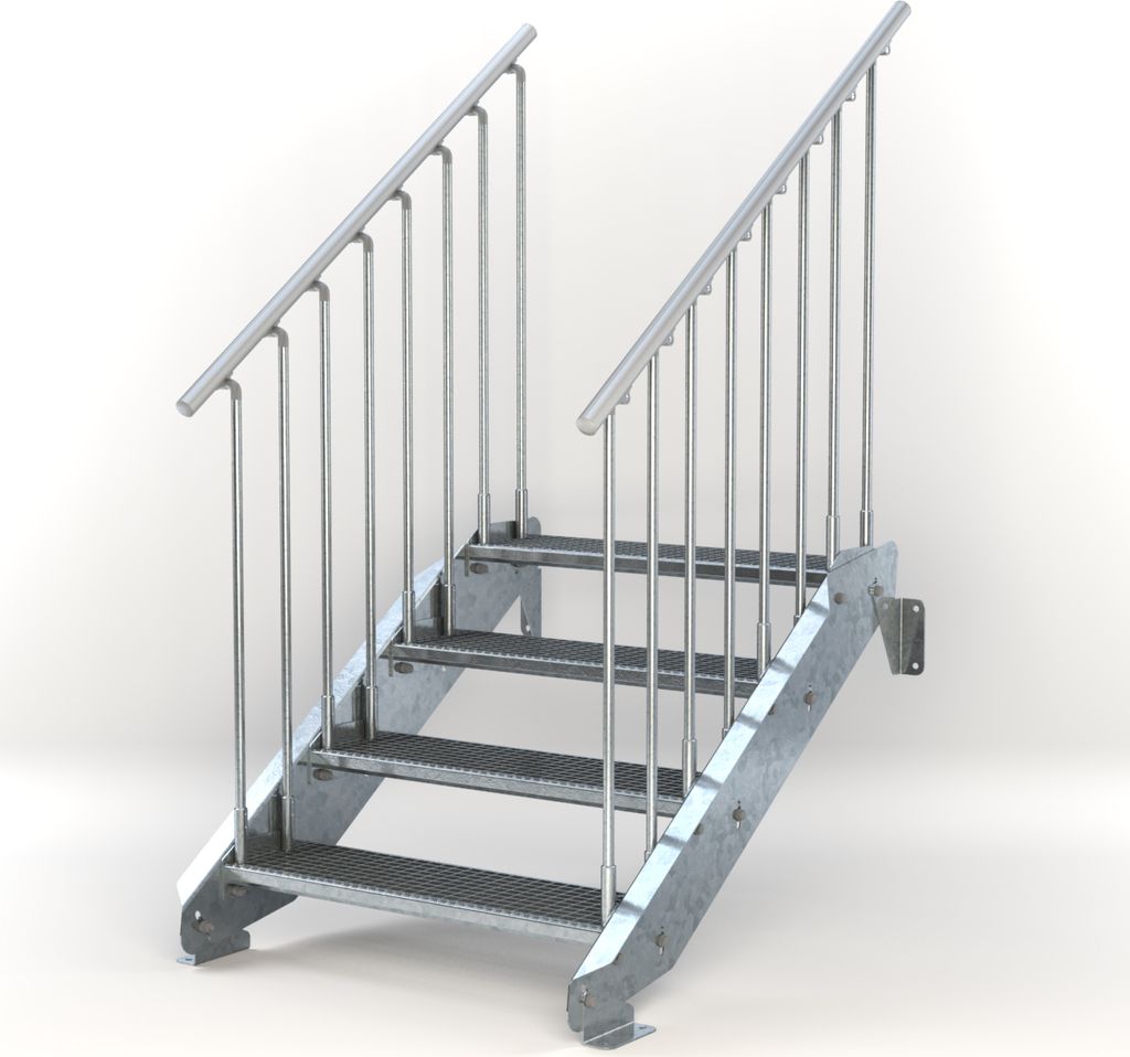 Stahltreppe 4 Stufen bis Höhe 84 cm, Laufbreite : 90 cm beidseitiges Geländer ST 3 (31 / 9 mm schmal)