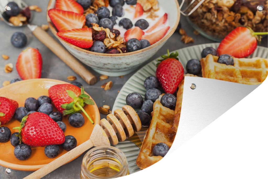 MuchoWow 60x40 cm Outdoor-Poster Gartendeko Sichtschutz Garten Poster für den Garten Frühstück mit Waffeln