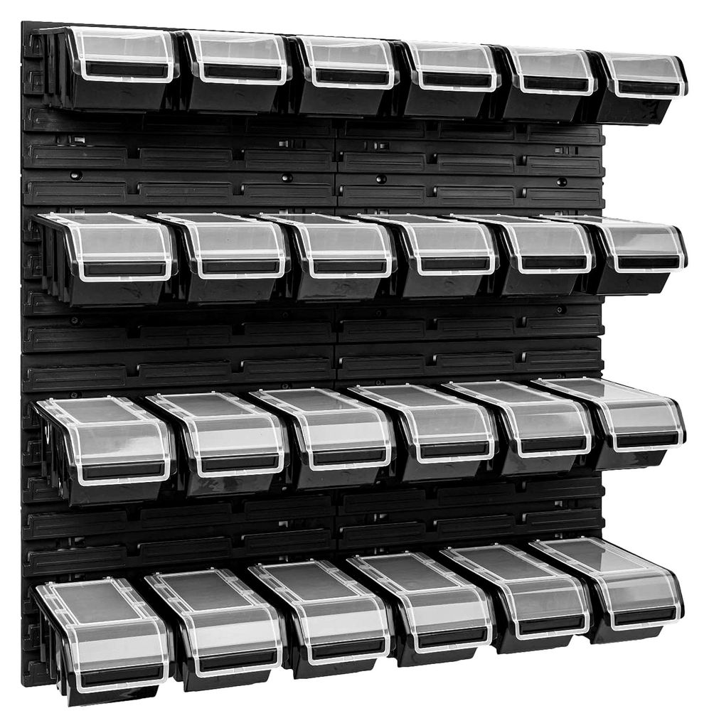 Stapelbox Wandregal 772 x 780 mm - Lagersystem mit 24 Boxen und Deckel - Lagerregal Sichtlagerkästen Schüttenregal, Schwarz