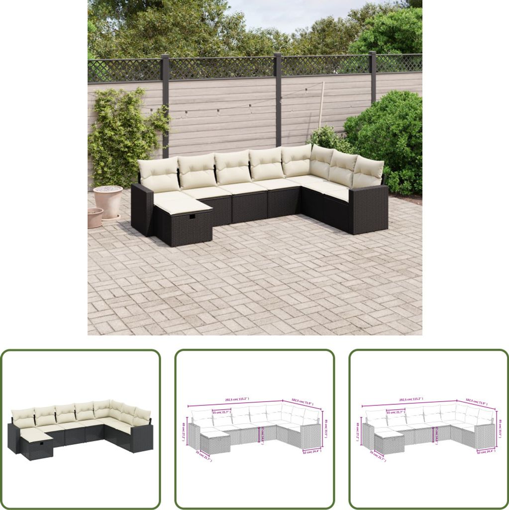 The Living Store 8-tlg. Garten-Sofagarnitur mit Kissen Schwarz Poly Rattan