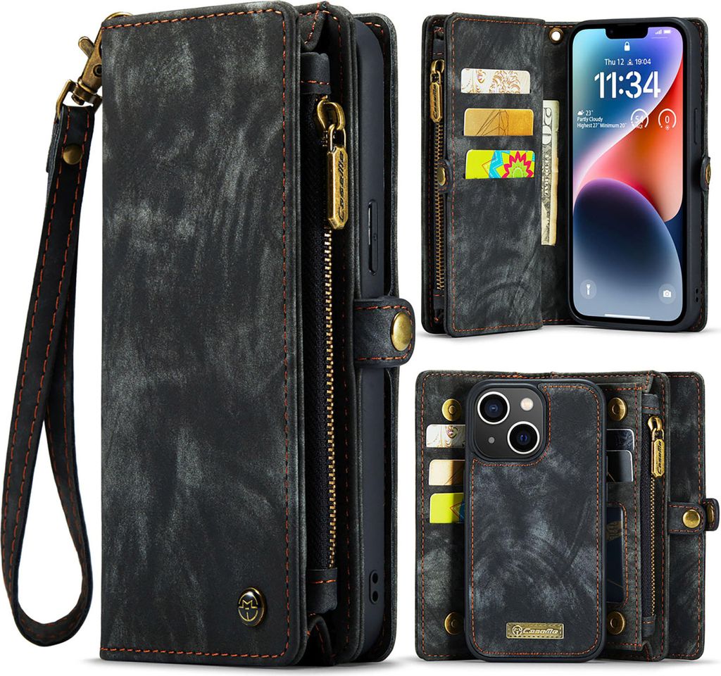 Caseme Handy Tasche für iPhone 15 - Schutzhülle Geldbeutel + Etui KlappHülle Kunstleder - Schwarz