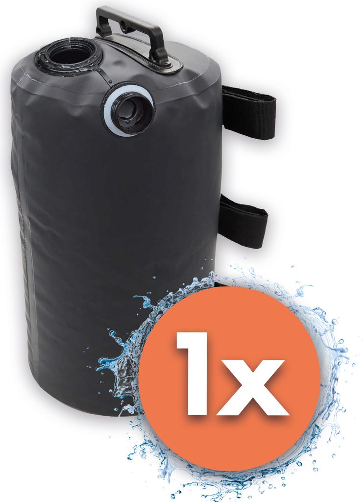 A black water weight bag for a tent or gazebo, with an orange circle overlay showing '1x' and water splashes.